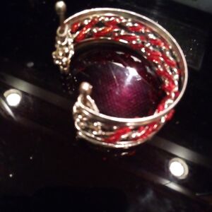 Boho Red Silver Bead Cuff Bracelet